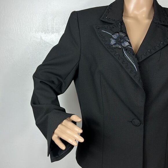 Cache Black Floral Beaded Embroidered Single Button Closure Blazer Jacket Sz 12 - Picture 2 of 11